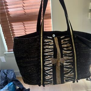 Black and Gold Embroidered Bee Hobo Tote